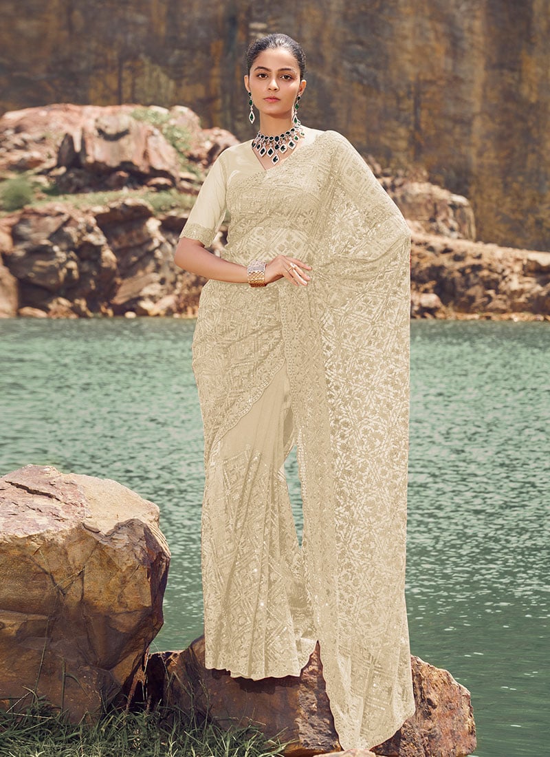 Cream Soft Net Embroidered Sequins Saree