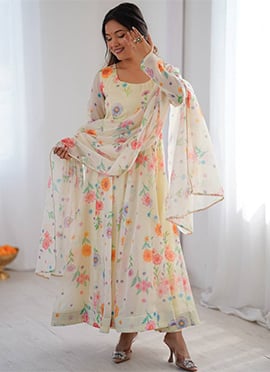 Cream Soft Organza Printed Anarkali Suit