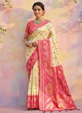 Cream Soft Silk Ikkat Print Saree