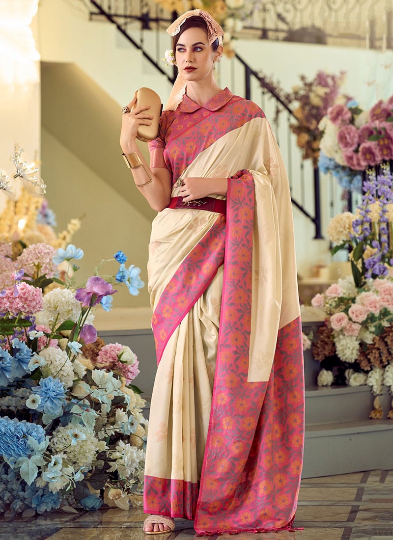 Cream Soft Silk Jacquard Woven Saree Festive Wear