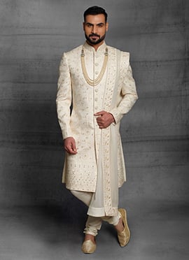 Cream Soft Silk Mirror Embroidery Classic Sherwani
