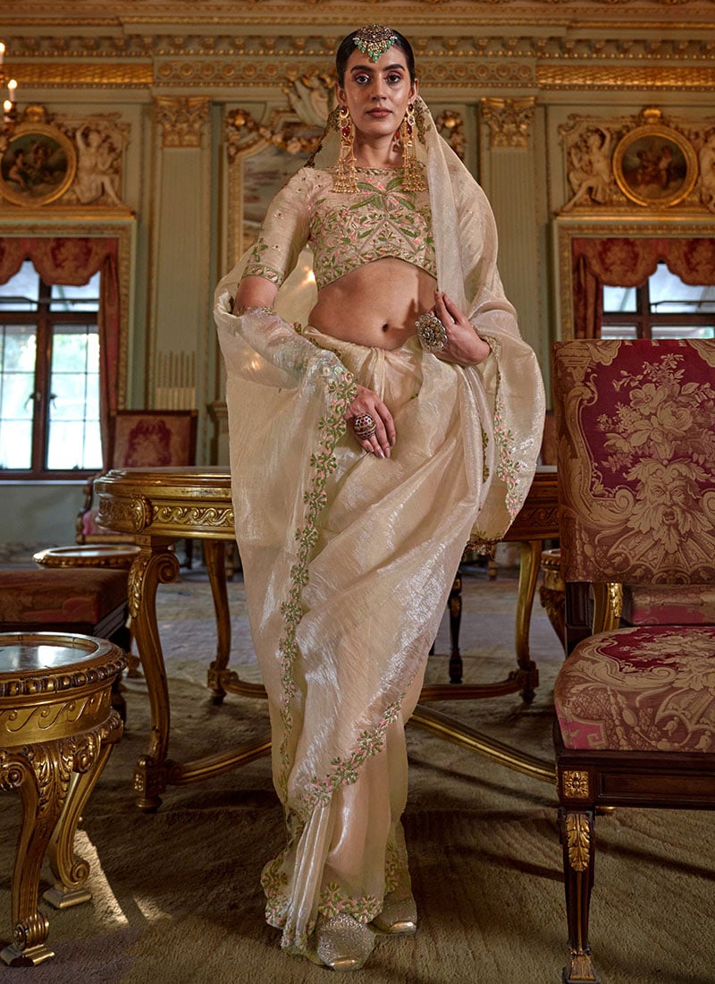 Cream Soft Tissue Silk Zari Embroidered Saree Festive Wear