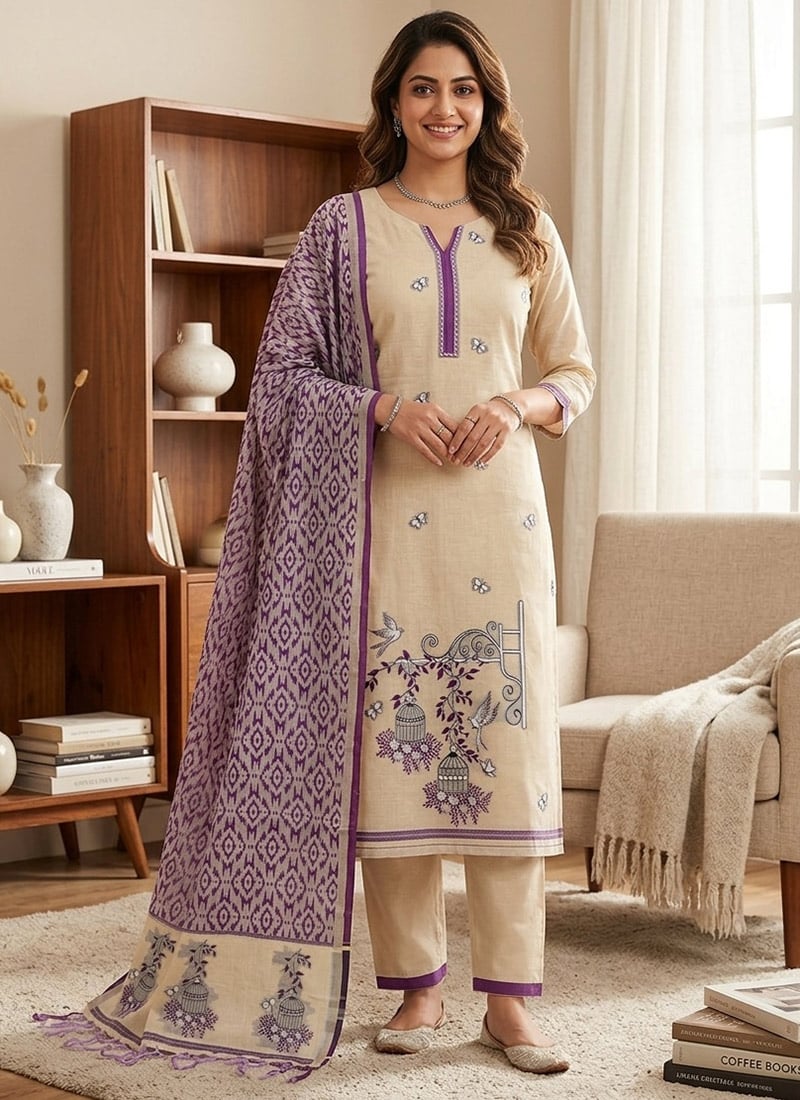 Cream Straight Pant Suit In Banarasi Silk With Jamdani Pichwai Weaving Leisure Wear