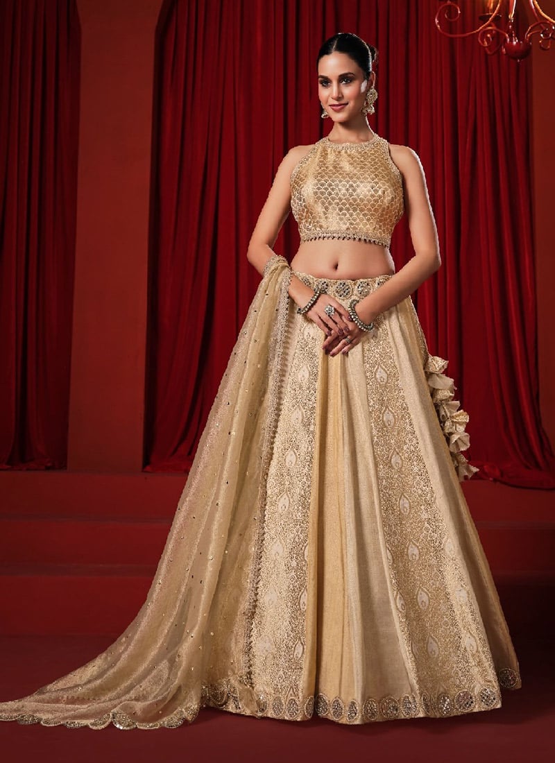 Cream Tissue Banarasi Silk Embroidered Sequins Stone Work Lehenga After Six Wear