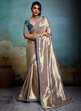 Cream Tissue Banarasi Silk Zari Hand Embroidered Stone Work  Saree