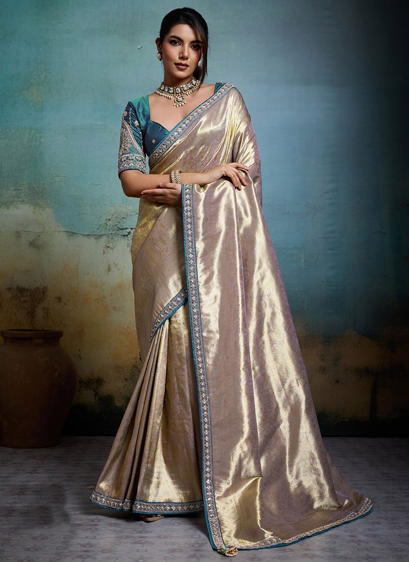 Cream Tissue Banarasi Silk Zari Hand Embroidered Stone Work Saree Festive Wear