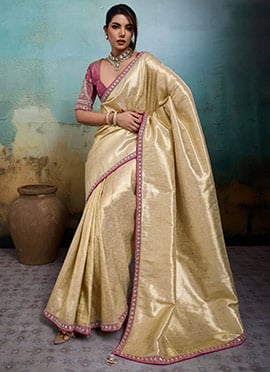 Cream Tissue Banarasi Silk Zari Hand Embroidered Stone Work  Saree