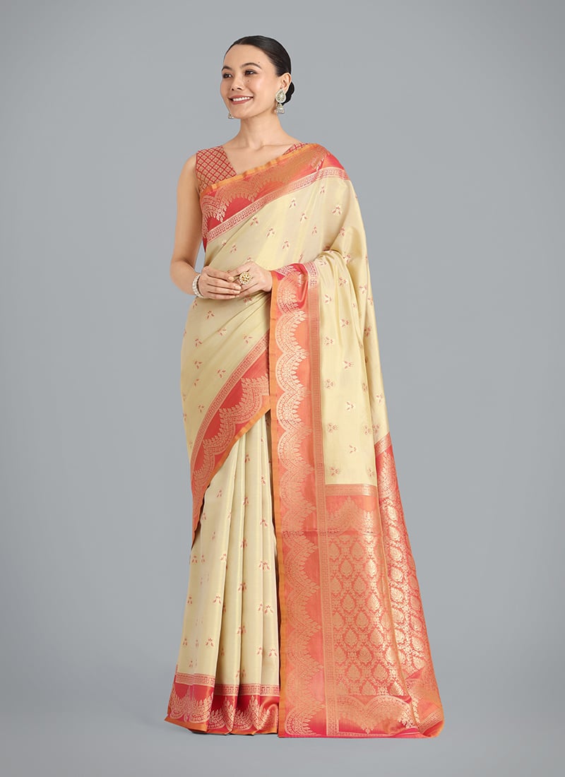 Cream Tissue Banarasi Silk Zari Woven Saree Festive Wear