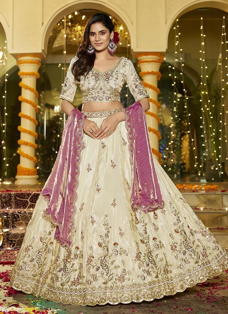 Cream Tissue Beads Sequins Zari Embroidered Thread Cutdana Umbrella Lehenga Wedding Wear