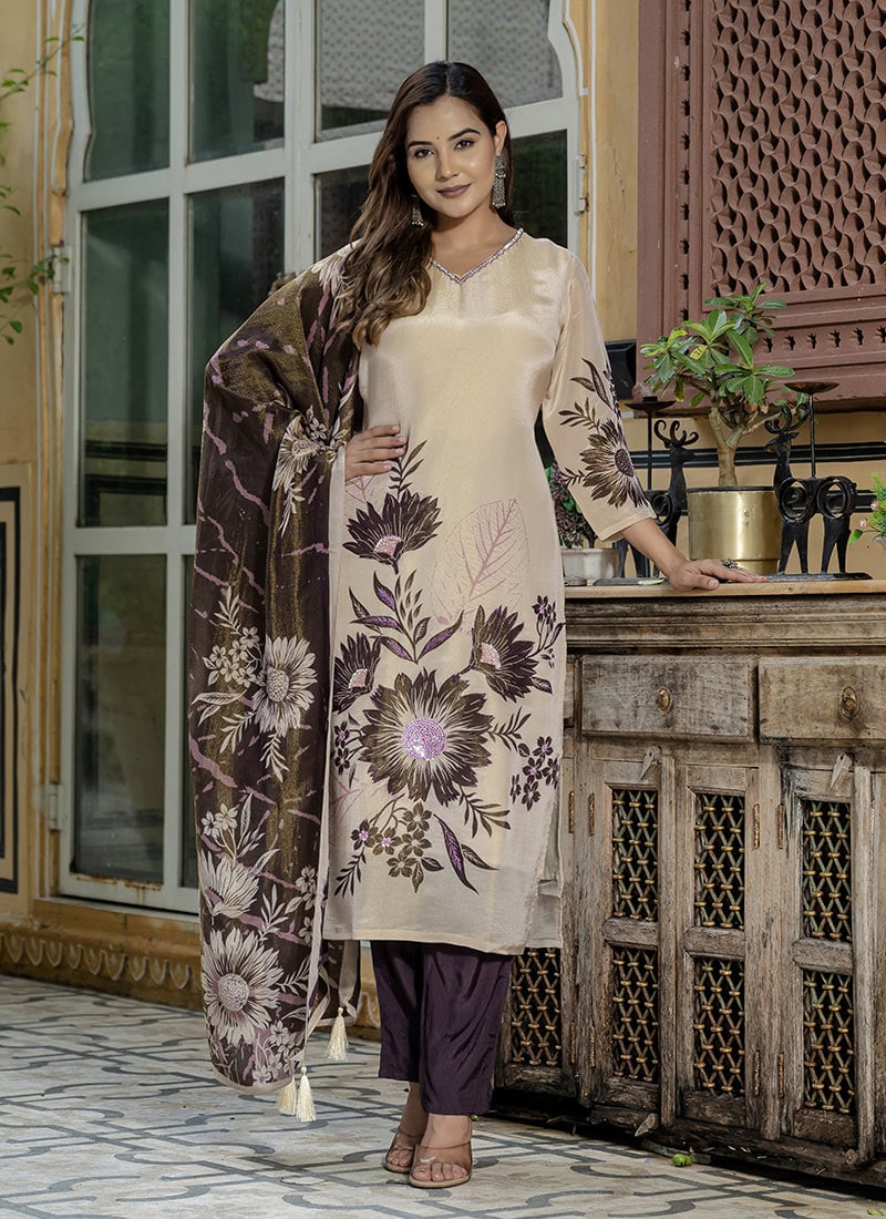 Cream Tissue Digital Print Zardosi Sequins Beads Straight Pant Suit Festive Wear