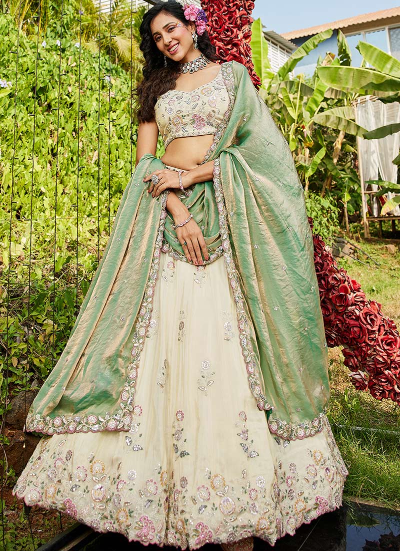 Cream Tissue Embroidered Sequins Lehenga Wedding Wear-GHSPC6134GR