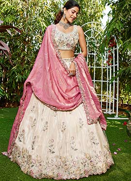 Cream Tissue Embroidered Sequins Lehenga