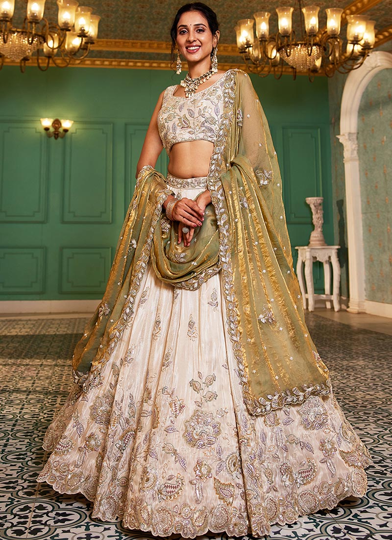 Cream Tissue Embroidered Sequins Lehenga Wedding Wear