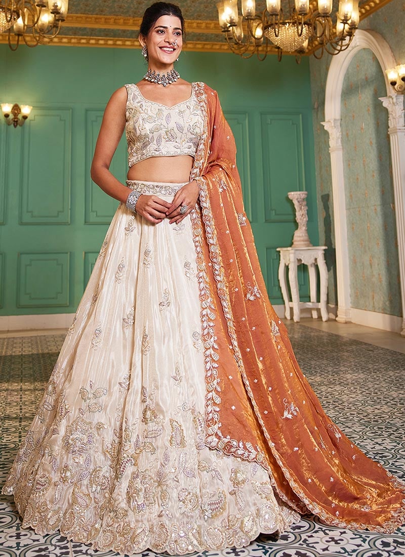 Cream Tissue Embroidered Sequins Lehenga Wedding Wear