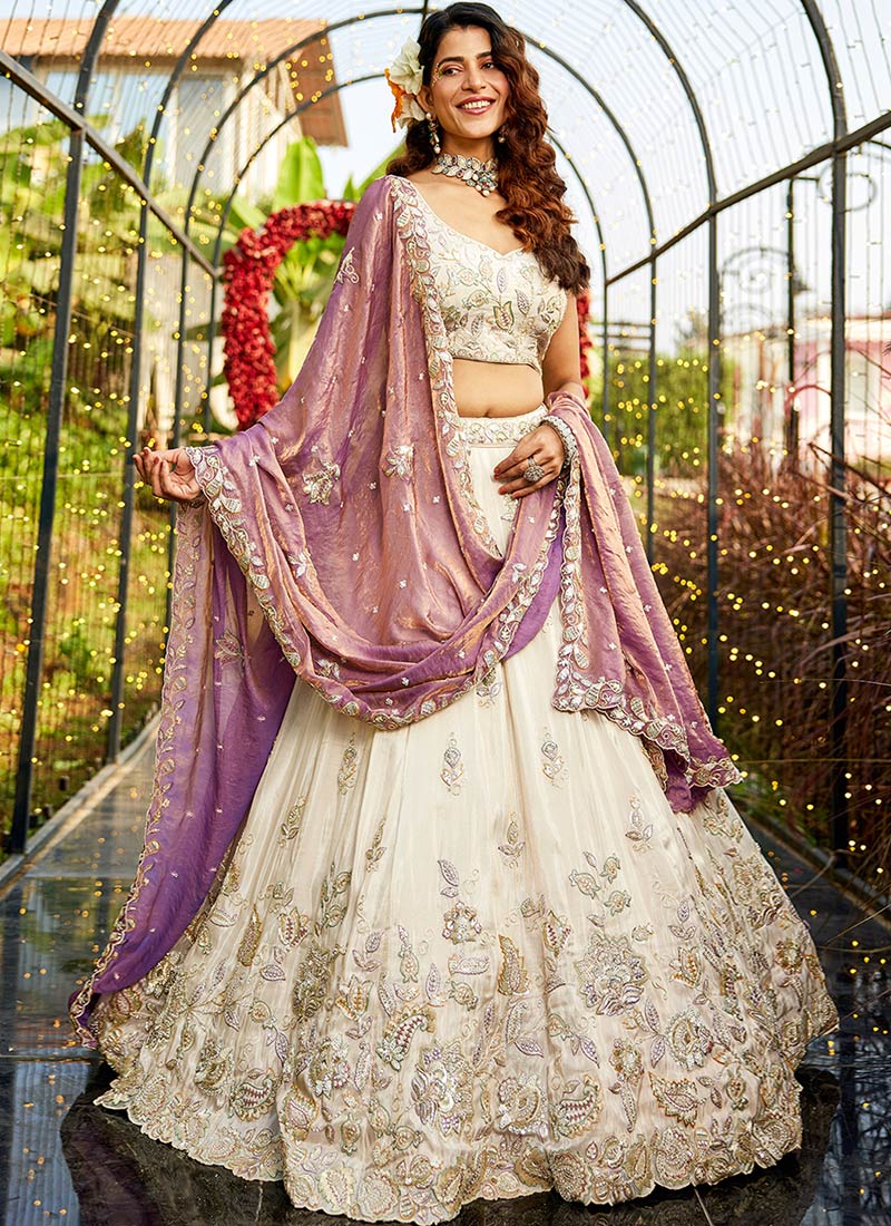 Cream Tissue Embroidered Sequins Lehenga
