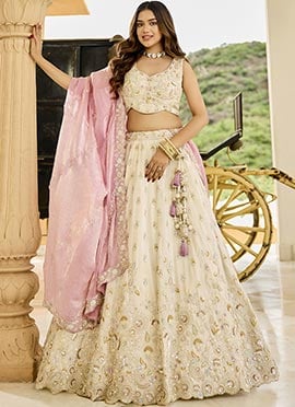 Cream Tissue Embroidered Sequins Lehenga