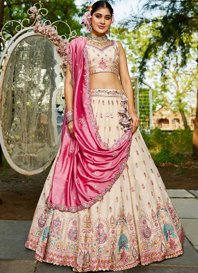 Cream Tissue Embroidered Sequins Lehenga