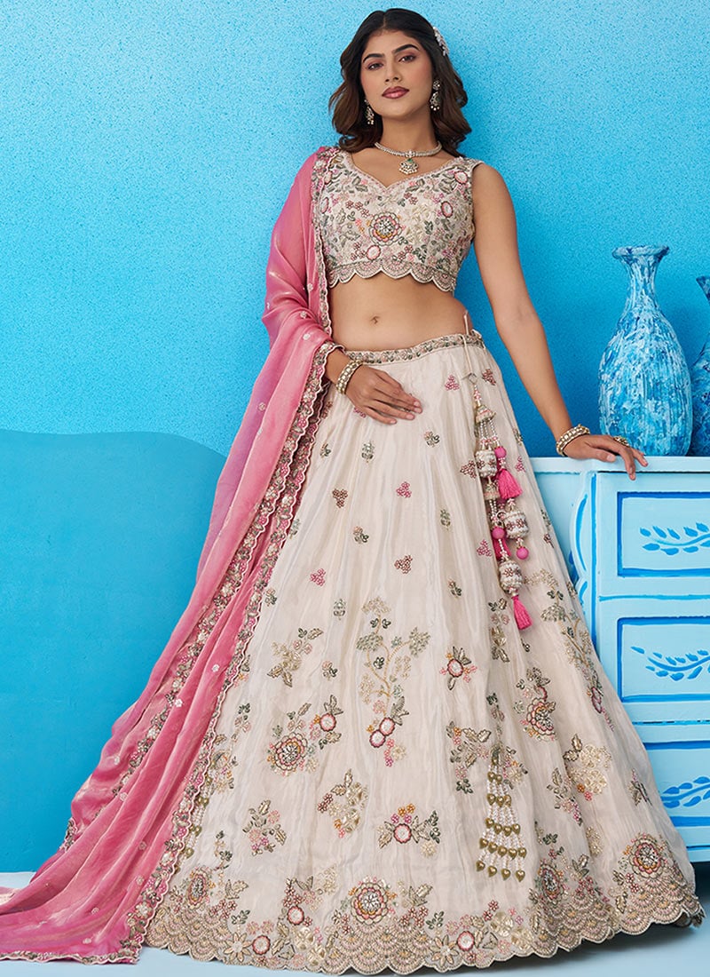 Cream Tissue Embroidered Sequins Moti Cut Work Zari Regal Lehenga Wedding Wear
