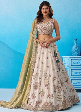 Cream Tissue Embroidered Sequins Moti Work Zari Stunning Lehenga