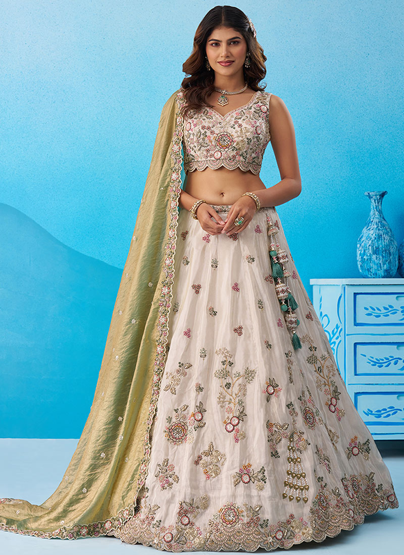 Cream Tissue Embroidered Sequins Moti Work Zari Stunning Lehenga Wedding Wear