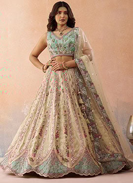 Cream Tissue Embroidered Sequins Stones Lehenga