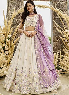 Cream Tissue Embroidered Sequins With Beads Work Lehenga