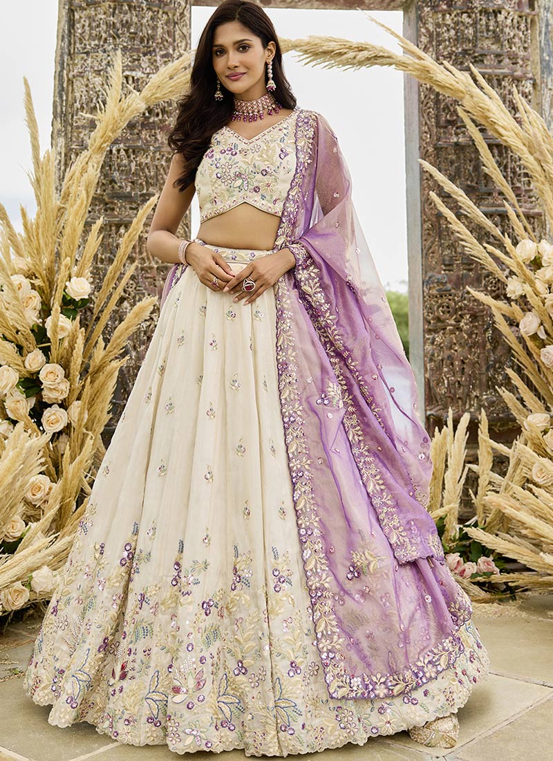 Cream Tissue Embroidered Sequins With Beads Work Lehenga Wedding Wear
