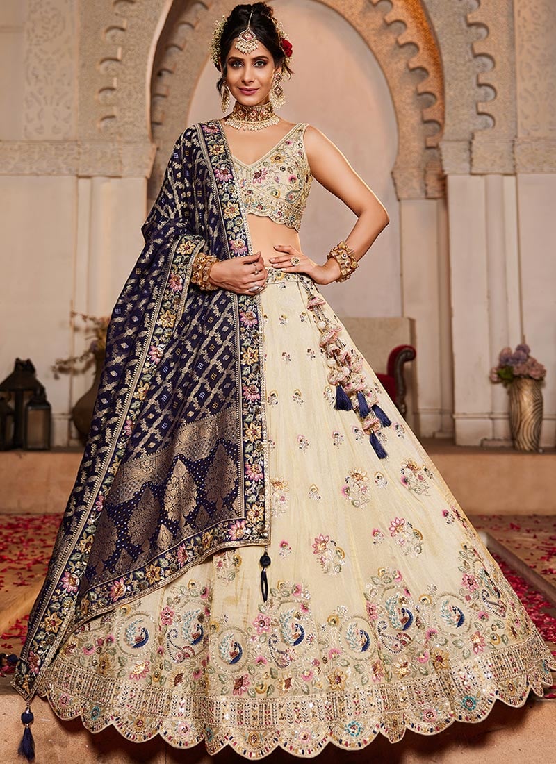 Cream Tissue Embroidered Sequins With Moti Work Lehenga Wedding Wear