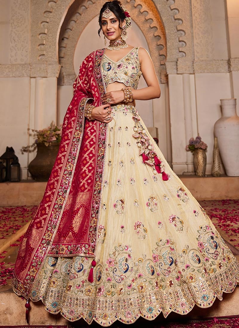 Cream Tissue Embroidered Sequins With Moti Work Lehenga Wedding Wear