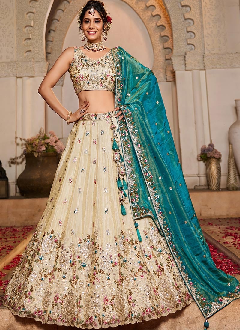 Cream Tissue Embroidered Sequins With Moti Work Lehenga Wedding Wear