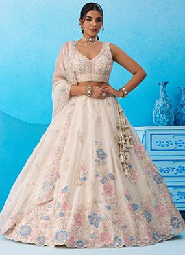 Cream Tissue Embroidered Sequins Zari Beads Work Classic Lehenga