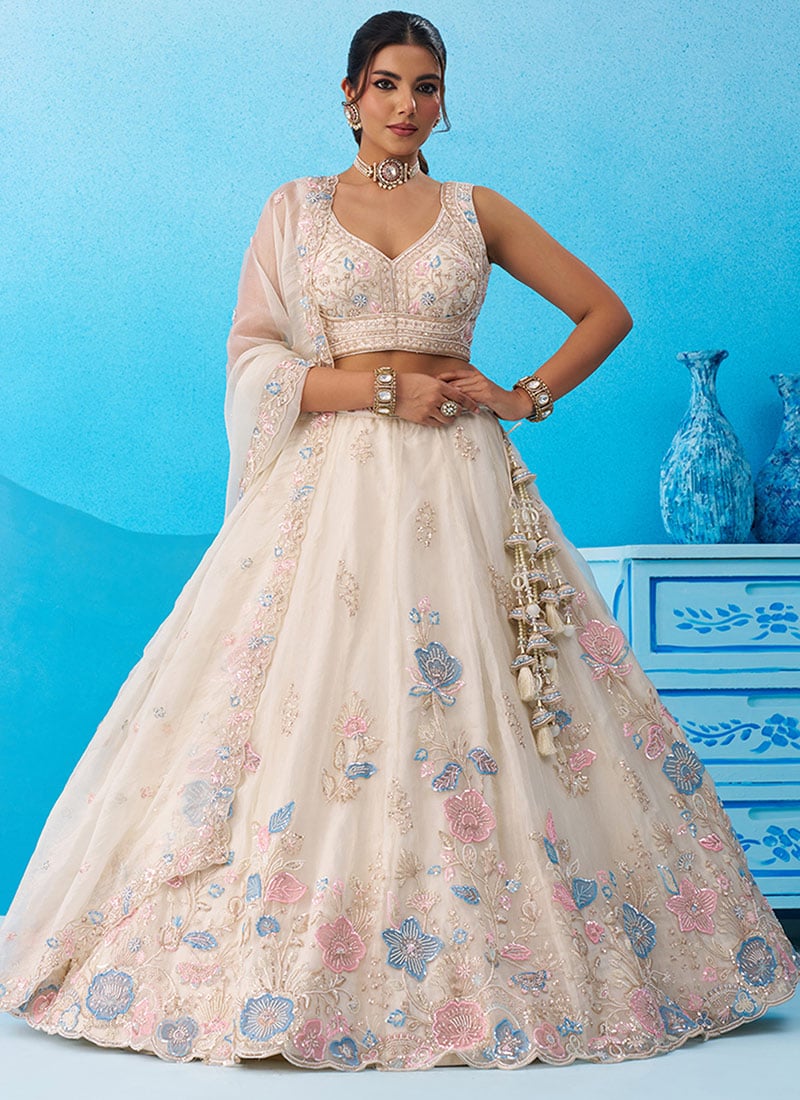 Cream Tissue Embroidered Sequins Zari Beads Work Classic Lehenga Wedding Wear