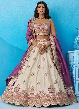 Cream Tissue Embroidered Sequins Zari Gota Work Classy Lehenga