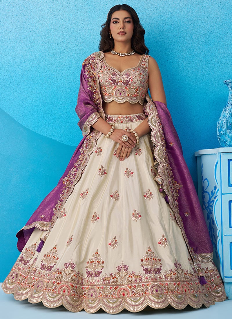 Cream Tissue Embroidered Sequins Zari Gota Work Classy Lehenga Wedding Wear