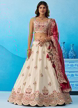Cream Tissue Embroidered Sequins Zari Gota Work Elegant Lehenga