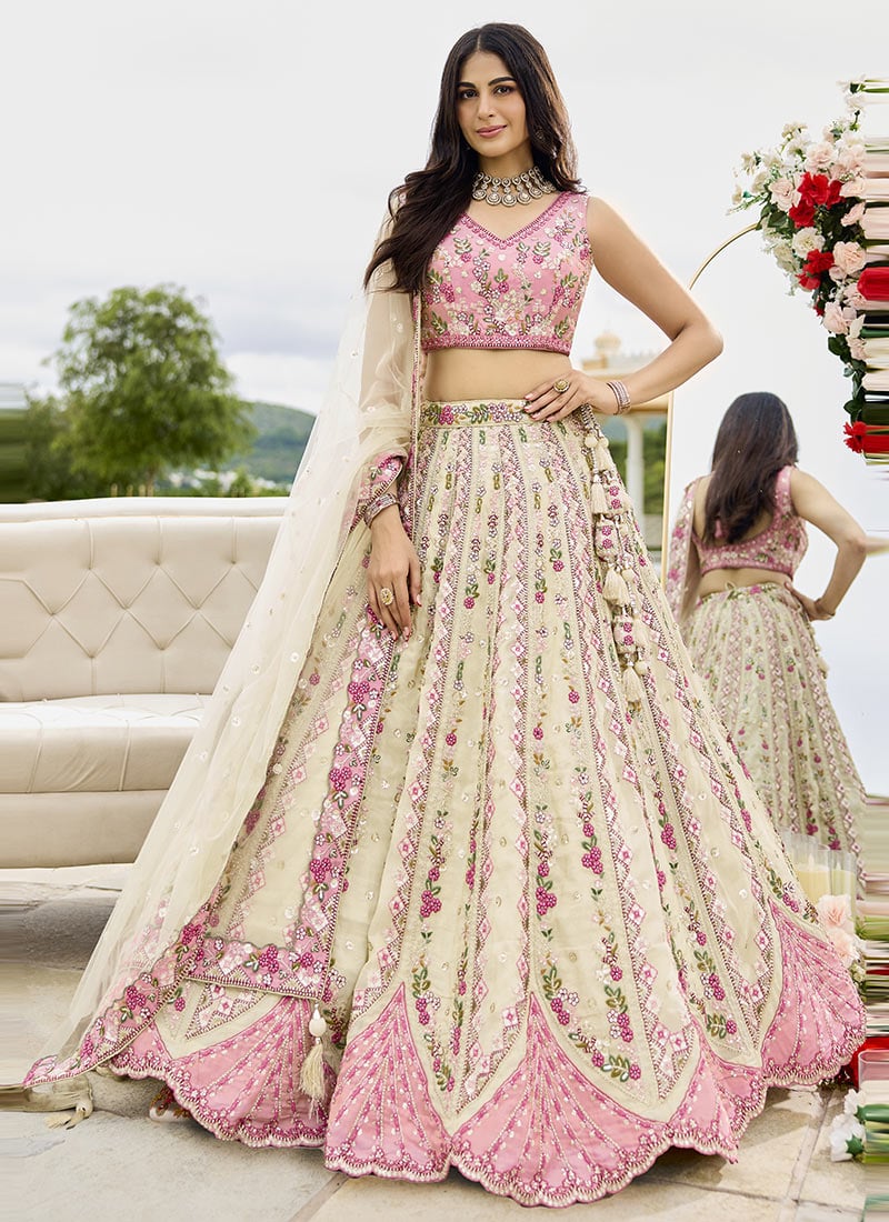 Cream Tissue Sequins Embroidered Stones Cut Work Umbrella Lehenga Wedding Wear