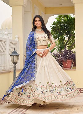 Cream Tissue Silk Embroidered Sequince Lehenga With Bandhini Dupatta  Festive Wear