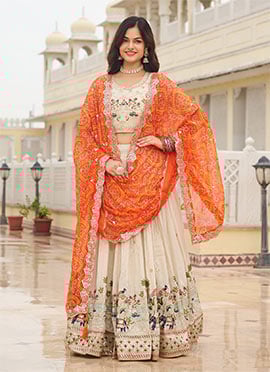 Cream Tissue Silk Embroidered Sequince Lehenga With Bandhini Dupatta  Festive Wear