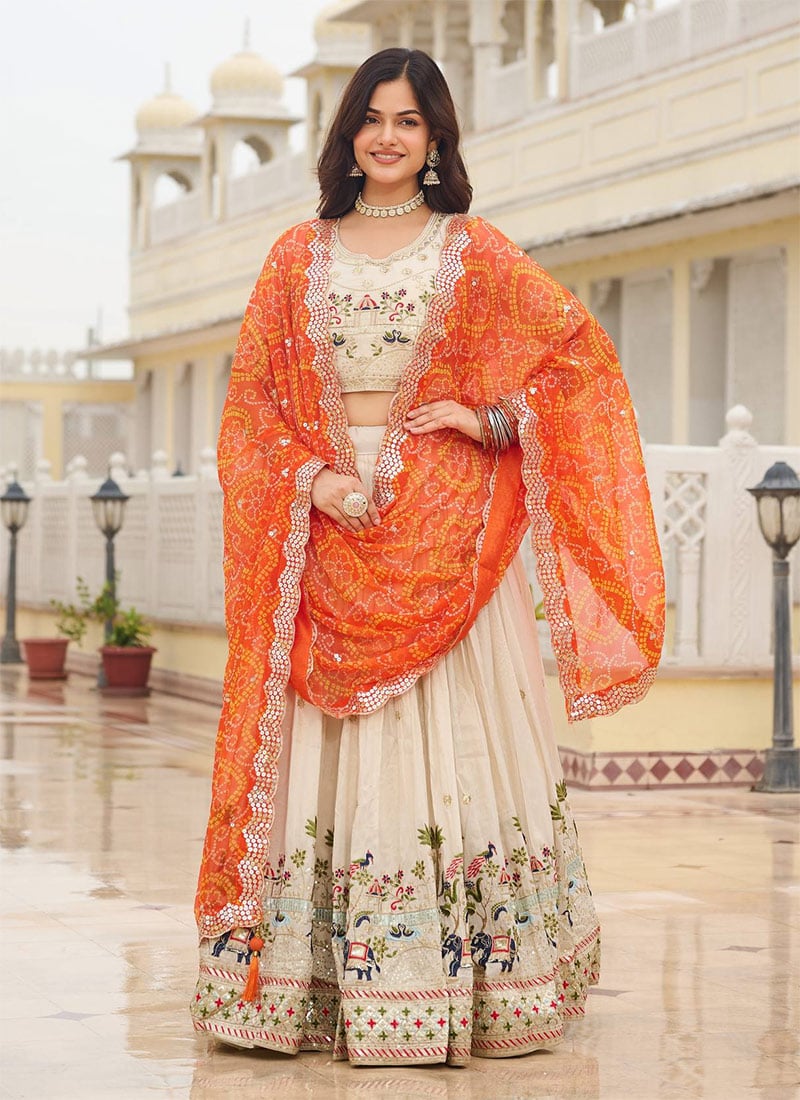 Cream Tissue Silk Embroidered Sequince Lehenga With Bandhini Dupatta Festive Wear