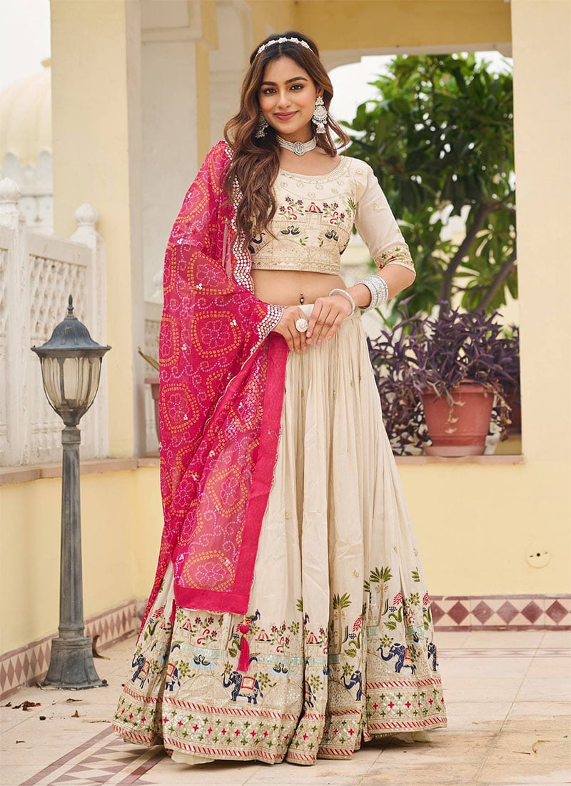 Cream Tissue Silk Embroidered Sequince Lehenga With Bandhini Dupatta Festive Wear