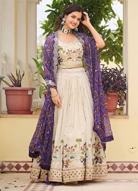 Cream Tissue Silk Embroidered Sequince Lehenga With Bandhini Dupatta  Festive Wear