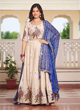 Cream Tissue Silk Embroidered Thread Work Peacock Motifs Umbrella Lehenga