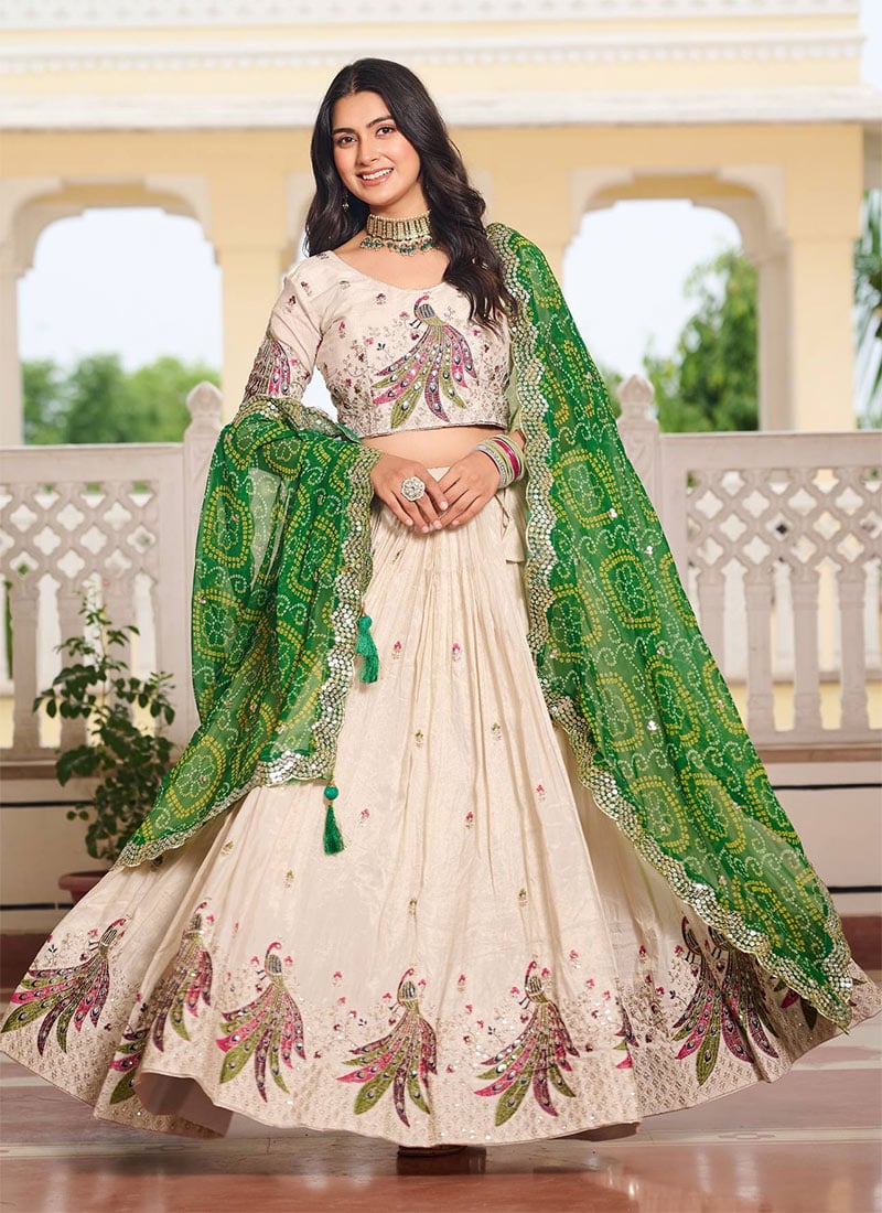 Cream Tissue Silk Embroidered Thread Work Peacock Motifs Umbrella Lehenga Festive Wear