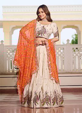 Cream Tissue Silk Embroidered Thread Work Peacock Motifs Umbrella Lehenga