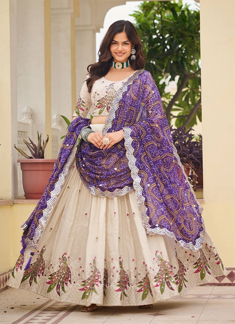 Cream Tissue Silk Embroidered Thread Work Peacock Motifs Umbrella Lehenga Festive Wear