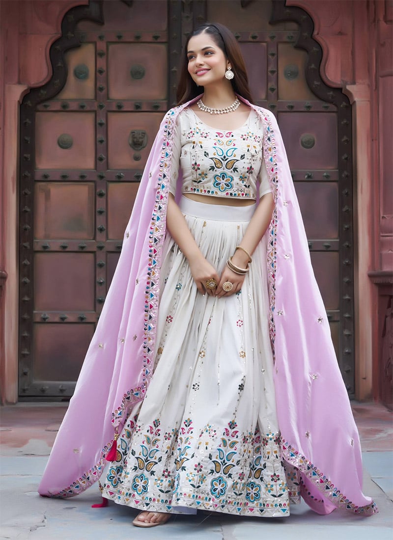 Cream Tissue Silk Sequins Embroidered Lehenga  Festive Wear