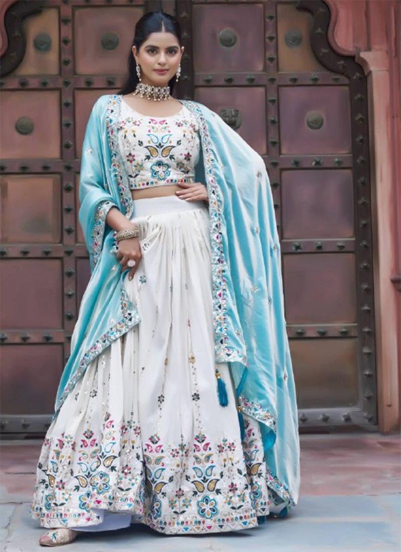 Cream Tissue Silk Sequins Embroidered Lehenga  Festive Wear