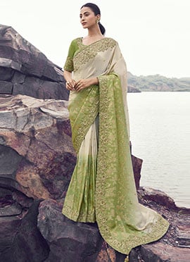 Cream Tissue Silk Sequins Embroidered Stones Jacquard Thread Saree