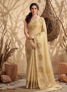 Cream Tissue Silk Zari Jacquard Woven Saree