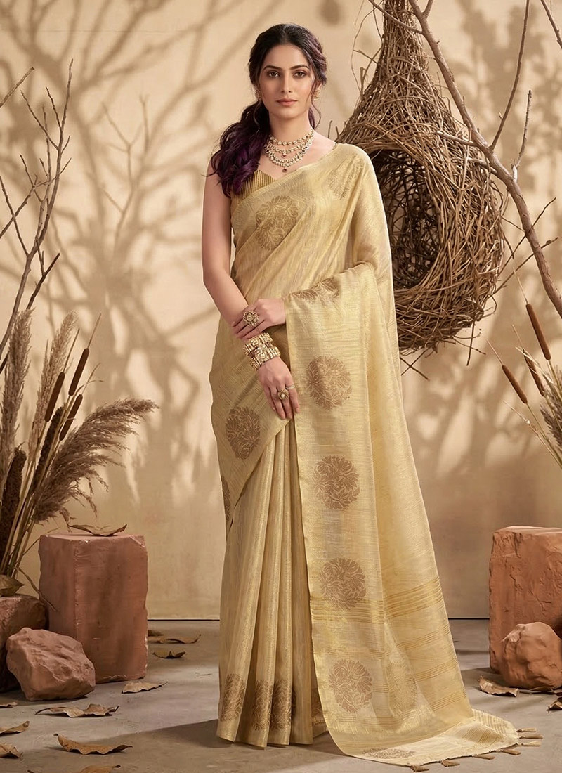 Cream Tissue Silk Zari Jacquard Woven Saree Festive Wear